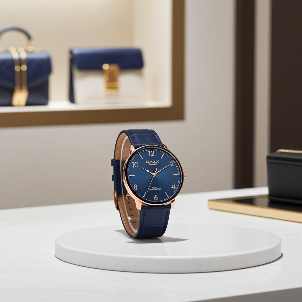 Mm Omax Midnight Blue Luxury Rose Gold Leather Watch for Men – DC001R44I