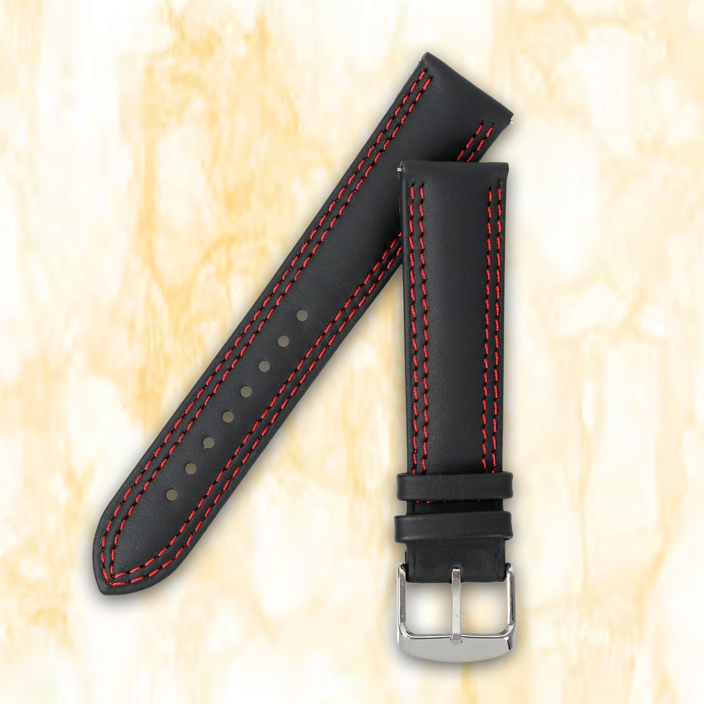 Boshek Black With Red Contrast Stitching Genuine Leather Watch Strap for Quick Release and Self Changeable